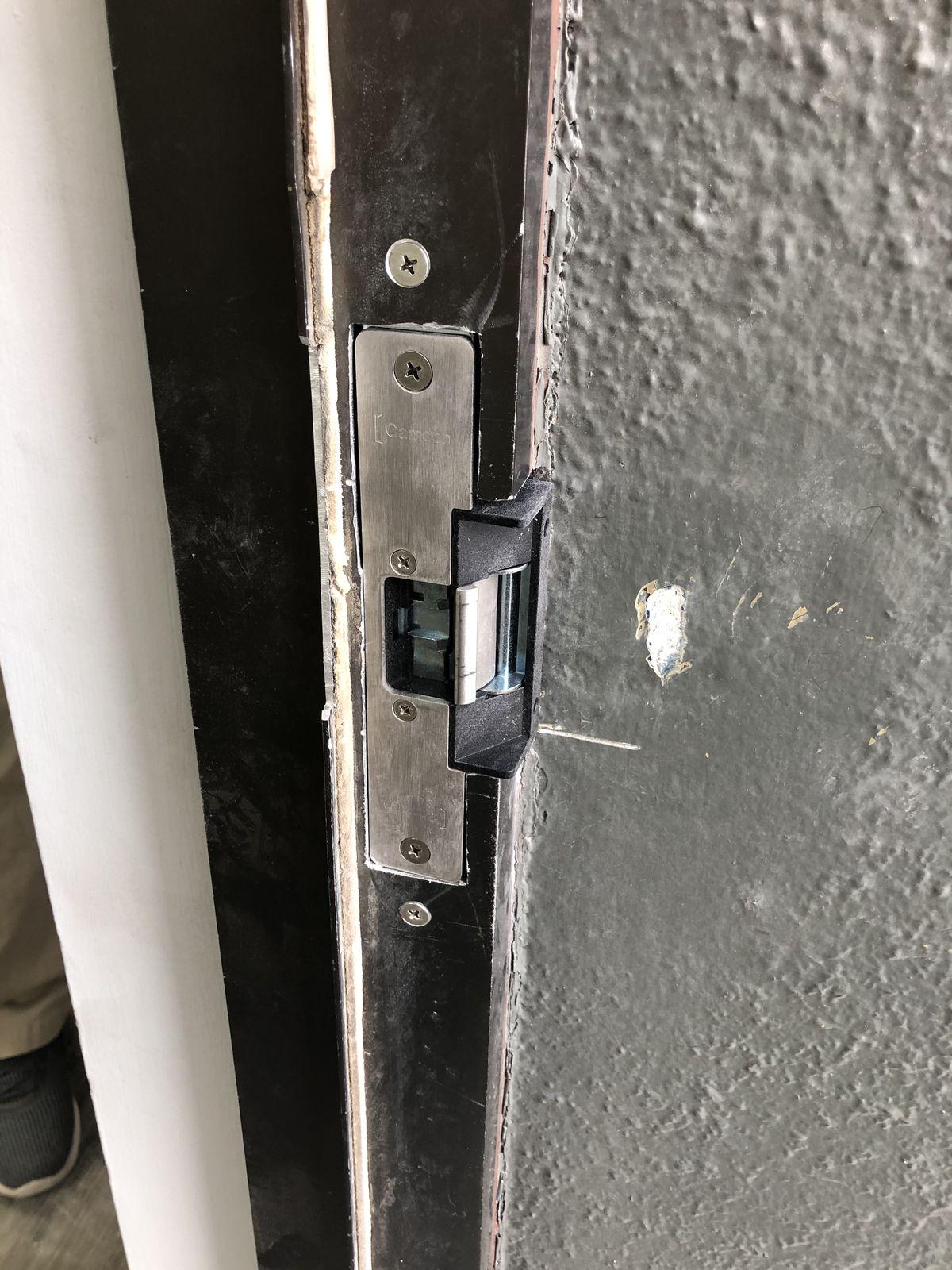 Camden electric strike installed in a commercial door frame as part of an access control system