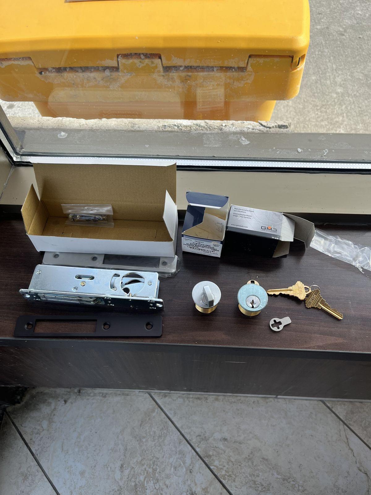 Mortise lock cylinder replacement hardware and new keys