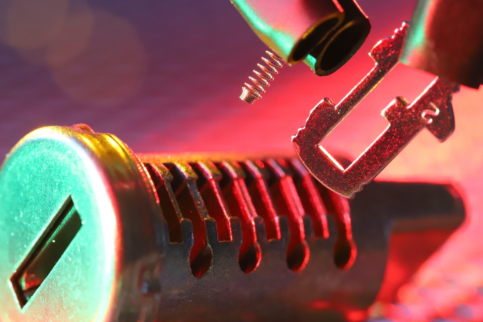 Broken Key Extraction in Kanata. Close-up of a lock cylinder and pins